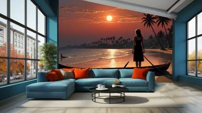 Woman standing in a boat on a tropical beach at sunset. Wall mural