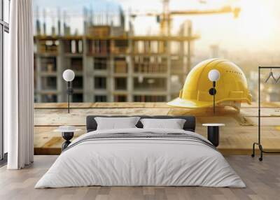 Yellow hard hat on a wooden table against the blurry background of a construction site. Wall mural