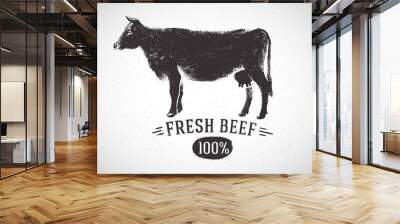 Graphical silhouette cow and inscription. Vector illustration, drawn by hand. Wall mural