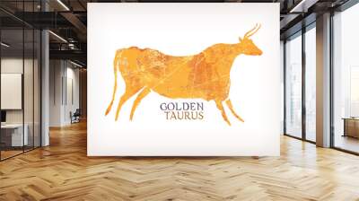 Illustration of a silhouette of a calf drawn in the style of drawing of ancient people, filled with golden texture. Vector illustration. Wall mural