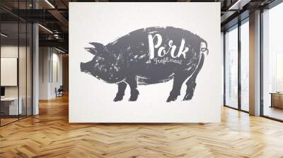 Pig silhouette illustration in graphic style, pork label. Wall mural