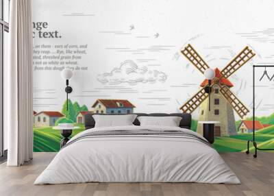 Rural colorful landscape with a mill and graphically drawn monochrome sky. Wall mural