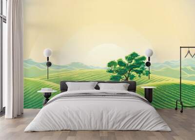 Rural dawn landscape with sown fields and a lonely tree and mountains background. Wall mural