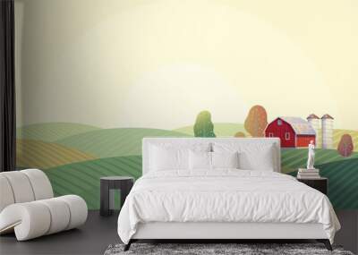 Rural landscape with a farm and agricultural fields. Vector illustration. Wall mural