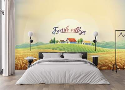 Rural landscape with a wheat field and a village on a hill. Vector illustration. Wall mural