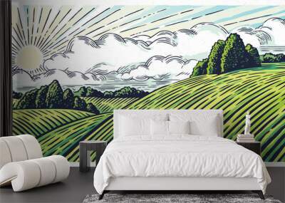 Rural landscape with hills and medows, in the graphic style, illustration is hand-drawn.  Wall mural