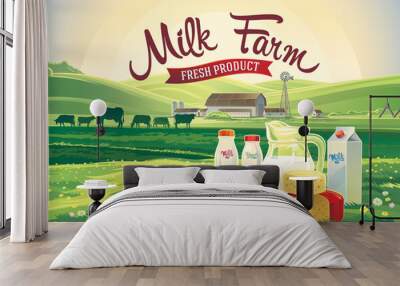 Rural landscape with set of milk products from farm milk and herd cows. Wall mural