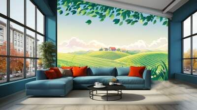 Rural summer landscape with flowers and grass in the foreground. Raster illustration. Wall mural