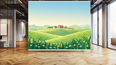 Rural summer landscape with flowers and grass in the foreground. Wall mural