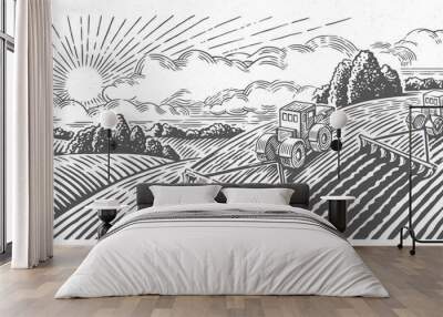 Spring rural landscape with two tractors in a graphic style, hand-drawn vector illustration. Wall mural