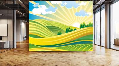 summer solar landscape with hills and clouds Wall mural