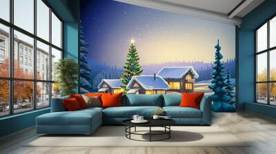 Winter festive forest landscape with houses and Christmas tree. Raster illustration. Wall mural