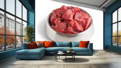 Raw beef meal in bowl, fresh, natural food for dog or cat, isolated on white background. Wall mural