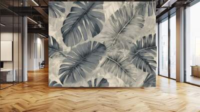 abstract Floral jacquard pattern with aged effect sandblasted palm leaves in blurred image with pixel in grey Wall mural