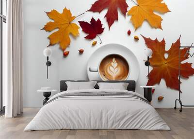 abstract glowing a Cup of coffee and autumn leaves on white table Wall mural