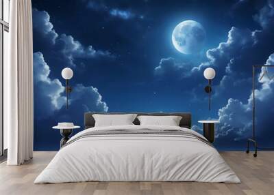 abstract glowing Peaceful background, blue night sky with moon, stars, beautiful clouds Wall mural