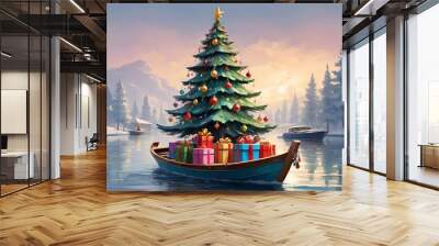 abstract Impression A Christmas tree with presents on a boat. 3D illustration. Imitation of oil painting. Wall mural