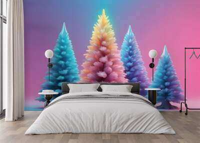 abstract pastel neon Merry Christmas and happy new year elegance iridescent and holographic design pine fir tree for greeting card Wall mural