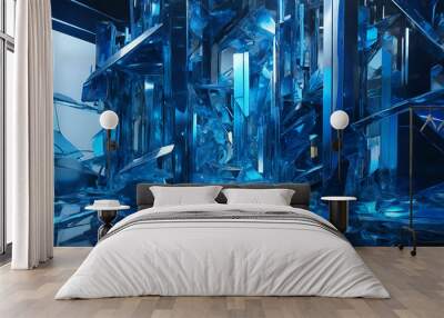 futuristic area with blue lights, metal, and glass, in the style of multilayered abstraction Wall mural