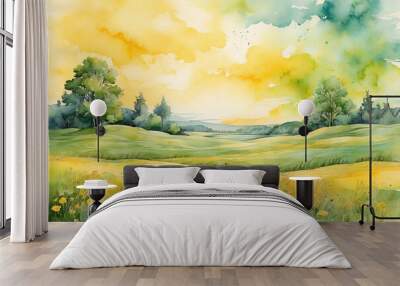 pastel fantasy background with image of summer field, ink splashed watercolor abstract yellow green meadow Wall mural