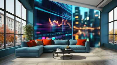 A digital display highlights falling interest rates against a city skyline, illustrating the current economic outlook and its impact on urban markets. Wall mural