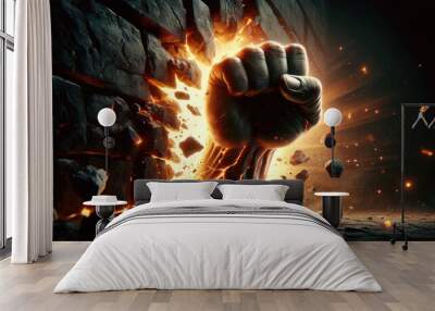 A fist is shown with a hole in it, surrounded by rubble. Concept of destruction and chaos, as if the fist has been ripped apart by a powerful force Wall mural