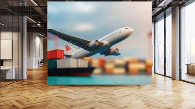 Airplane taking off above cargo ship with colorful shipping containers, cranes visible in a busy port, showcasing the dynamics of global trade and transportation logistics Wall mural