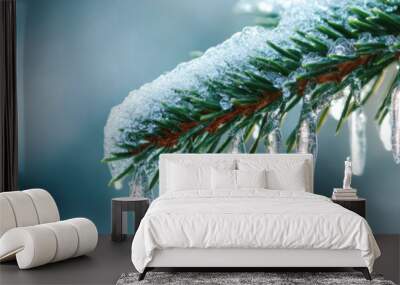 Aluminum Icicles Adorning a Lush Green Tree, 1960s decorative trend blending metallic shimmer with vibrant nature. Wall mural