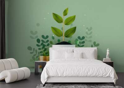 Flat design illustration of green economy initiatives with plant and coin stack. Wall mural