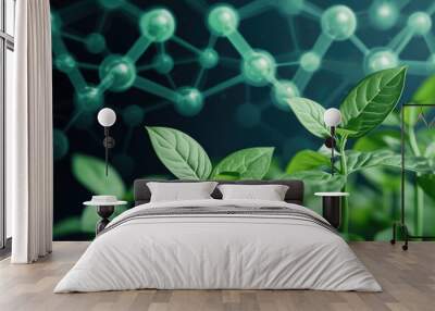 Green Growth and Molecular Connections, showcasing vibrant plant leaves against an abstract molecular background, symbolizing the fusion of nature and science. Wall mural