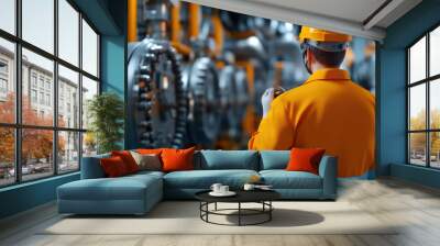 Industrial worker assessing machinery in a large facility, wearing safety gear, focused on equipment, showcasing a crucial role in maintenance and operation. Wall mural