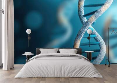 Molecular Blueprint of Life, depiction of a DNA double helix on a blurred blue background representing genetic structure and biological information storage. Wall mural