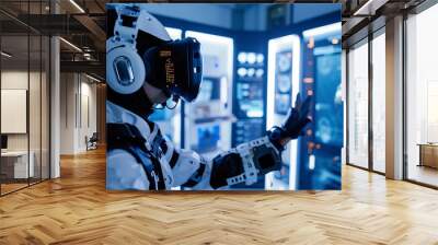 Photo capturing a futuristic VR training session with an individual using VR equipment for simulation training. Advanced VR setup in a simulated environment Wall mural