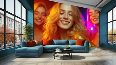 Prom night celebration, vibrant atmosphere, young students enjoying music and dancing, dressed elegantly, creating lasting memories together Wall mural