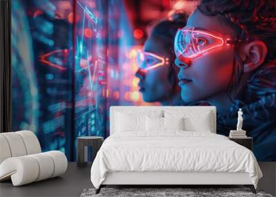 Two women wearing goggles are looking at a computer screen with a lot of numbers and lines. The scene is set in a futuristic environment with neon lights and a sense of technology Wall mural