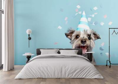 Cute happy dog celebrating at a birthday party Wall mural