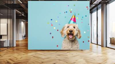 Happy cute dog celebrating at a birthday party Wall mural