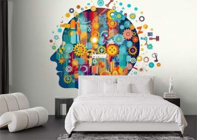 head silhouette with gears, brainstorming idea, concept and innovation Wall mural