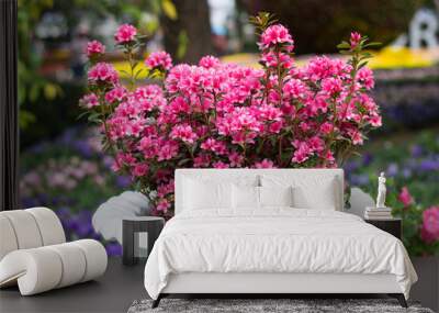 Pink azalea in full bloom in a white pot. Wall mural