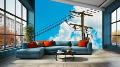 Transformer electric pole with blue sky Wall mural