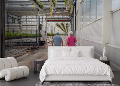 A man and woman walk together through the endless corridor of the large greenhouse of a specialized Dutch strawberry nursery. The photo was taken at an open day to promote greenhouse horticulture. Wall mural