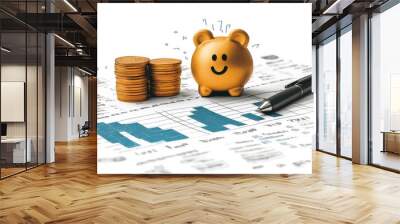 Cartoon bear piggy bank with financial charts Wall mural