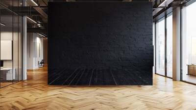 Dark interior with black brick wall and black wooden floor Wall mural