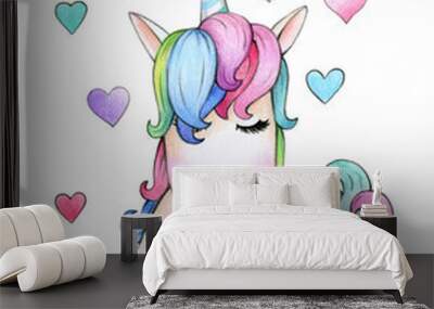  Cute sitting unicorn cartoon with hearts, isolated on white. Wall mural