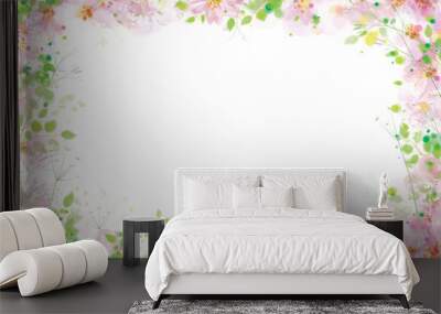 Vector  floral  frame. Pink flowers and green leaves. Wall mural