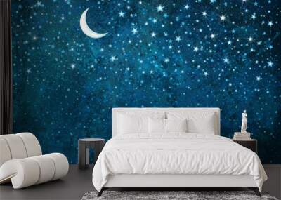 Vector night starry sky, sparkling stars and moon background. Wall mural