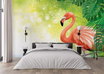 Vectot tropical leaves and flamingo background. Wall mural