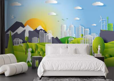 Concept of ecology city with technologies of future and urban innovations, paper cut design Wall mural