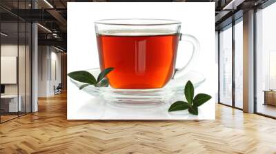 Cup of tea with green leaves on a white background . Wall mural