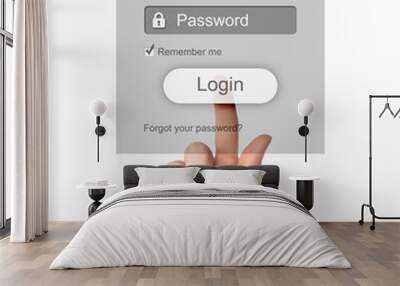 Hand pushing grey login box form ui element on white background. Wall mural